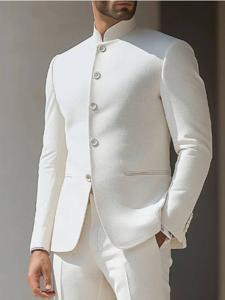 Mens Slim Fit Formal Suit with High Nehru Collar and Polyester Viscose Blend