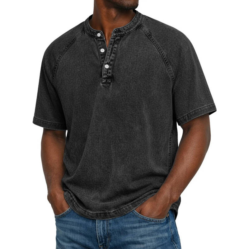 Mens Henley Shirt, Short Sleeve Acid Wash Pullover Tee, Vintage Casual Button Placket Top