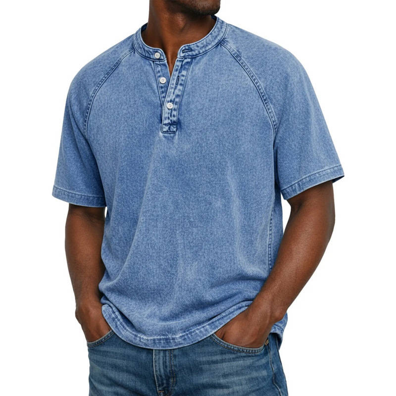 Mens Henley Shirt, Short Sleeve Acid Wash Pullover Tee, Vintage Casual Button Placket Top