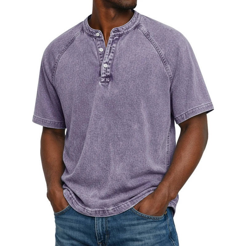 Mens Henley Shirt, Short Sleeve Acid Wash Pullover Tee, Vintage Casual Button Placket Top