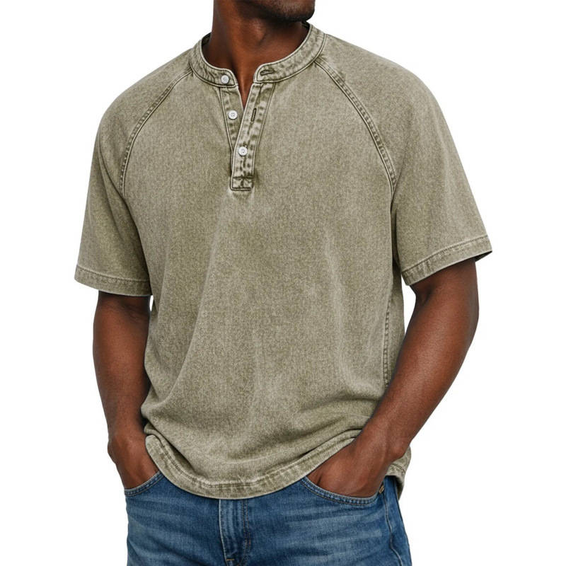 Mens Henley Shirt, Short Sleeve Acid Wash Pullover Tee, Vintage Casual Button Placket Top