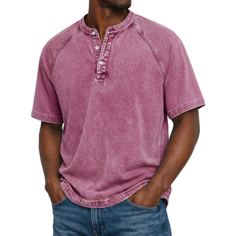 Mens Henley Shirt, Short Sleeve Acid Wash Pullover Tee, Vintage Casual Button Placket Top