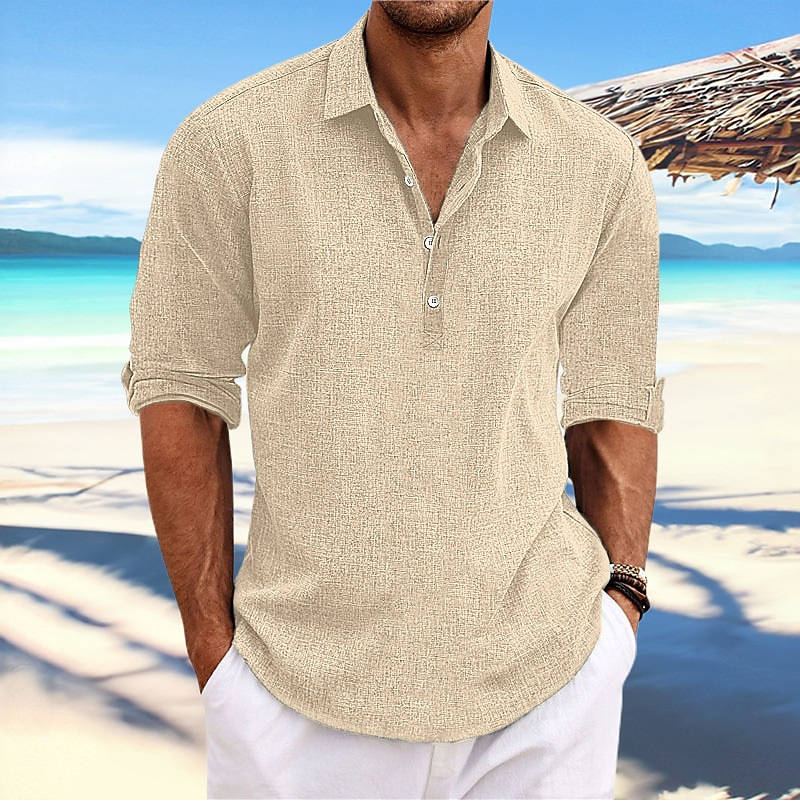 Mens Casual Cotton Shirt, Long Sleeve Pullover Beach Shirt, Lightweight Summer Vacation Style