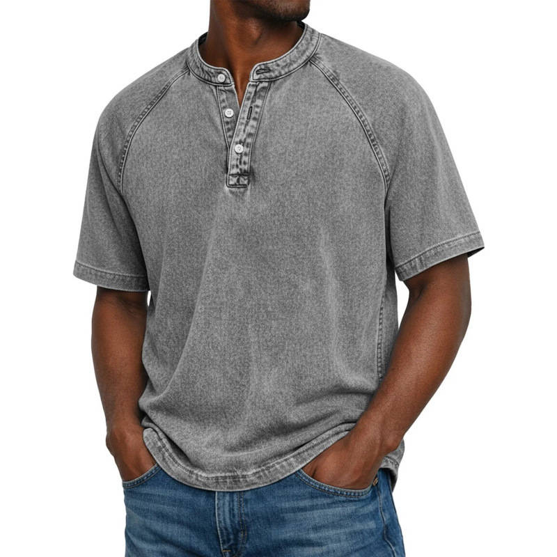 Mens Henley Shirt, Short Sleeve Acid Wash Pullover Tee, Vintage Casual Button Placket Top