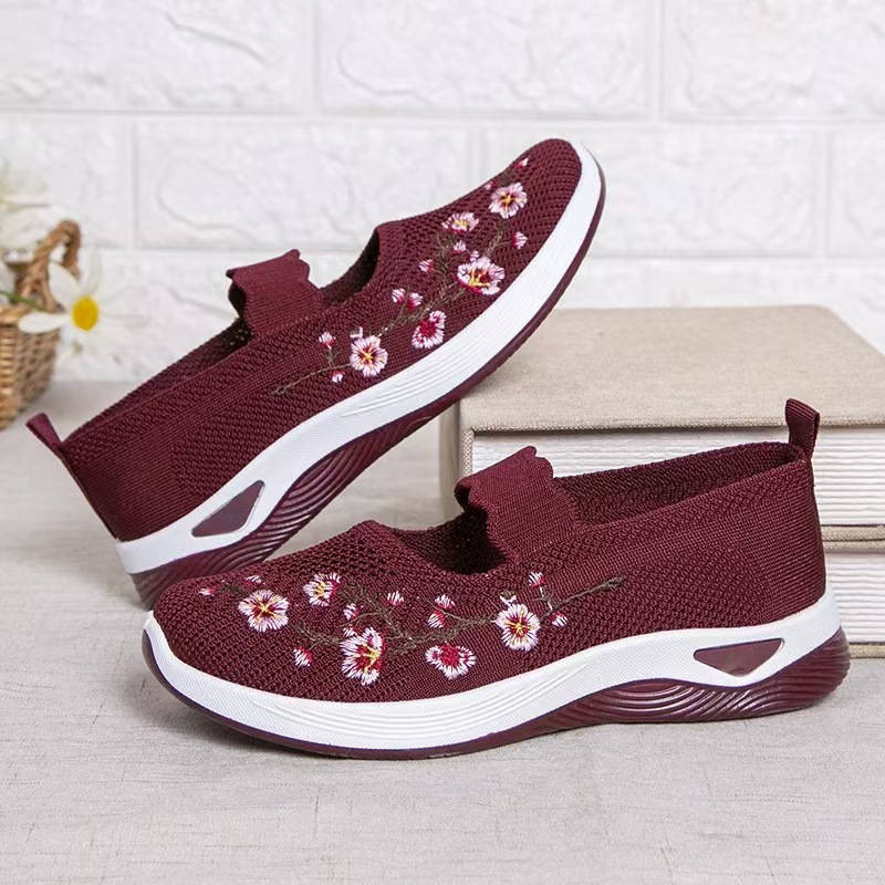 Womens Mary Jane Sneakers, Floral Embroidered Mesh Shoes, Slip on Elastic Strap Comfort Flats