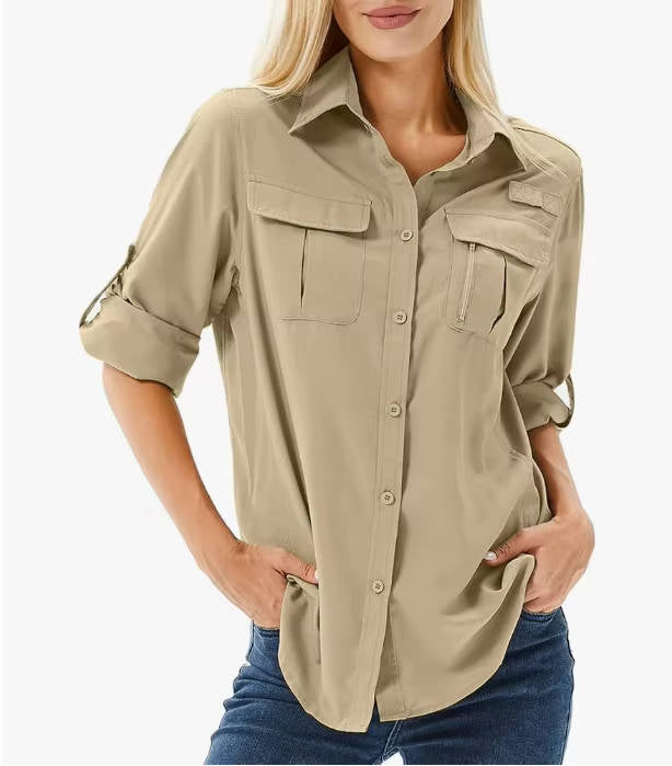 Womens UPF 50 Long Sleeve Shirt with Convertible Sleeves and Mesh Back, Hiking Fishing