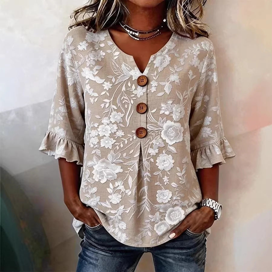 Womens Floral Print Linen Blouse, Vintage V Neck Sleeve Shirt, Casual Ruffle Cuff Button Down Tops