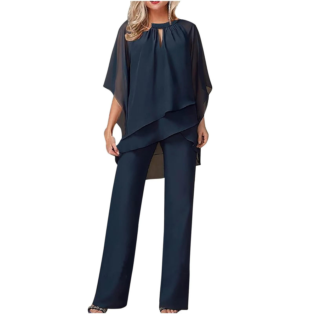 Womens Chiffon Pantsuit with Batwing Sleeves and Shimmer Details, Machine Washable