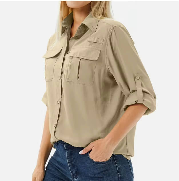 Womens UPF 50 Long Sleeve Shirt with Convertible Sleeves and Mesh Back, Hiking Fishing