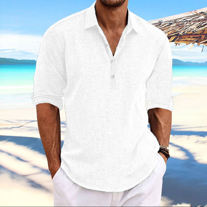 Mens Casual Cotton Shirt, Long Sleeve Pullover Beach Shirt, Lightweight Summer Vacation Style