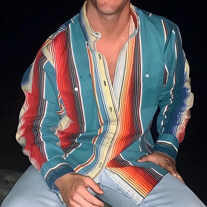 Long Sleeve Striped Shirt with Color Block Design and Relaxed Fit