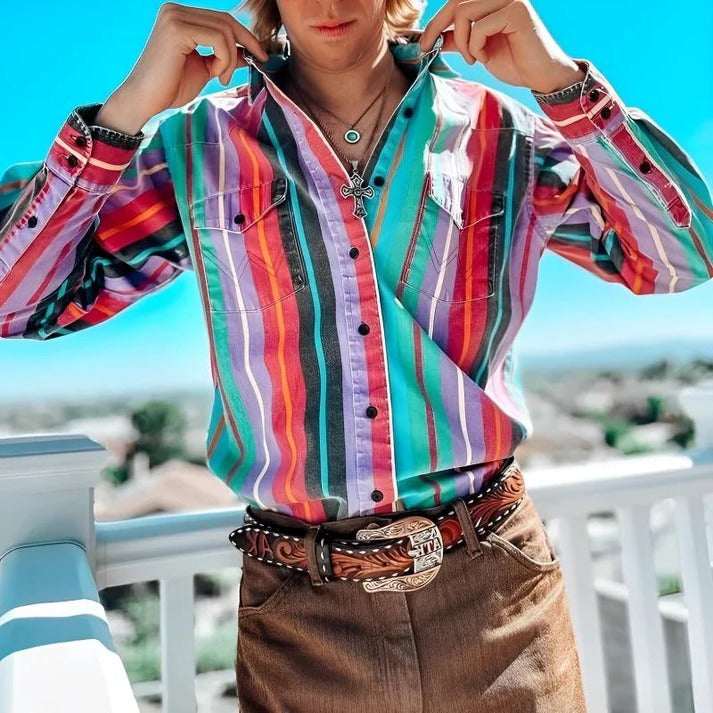 Long Sleeve Striped Shirt with Color Block Design and Relaxed Fit