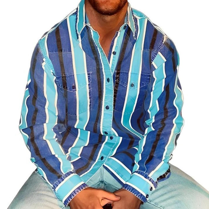Long Sleeve Striped Shirt with Color Block Design and Relaxed Fit