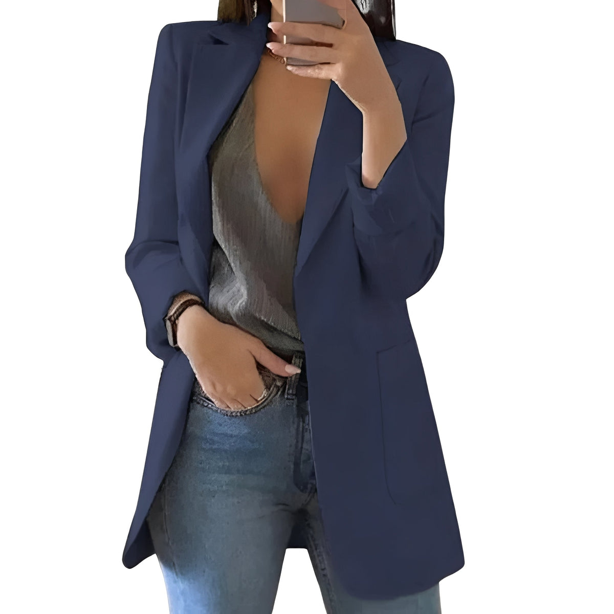 Structured Wool Blazer with Extended Length and Open Front
