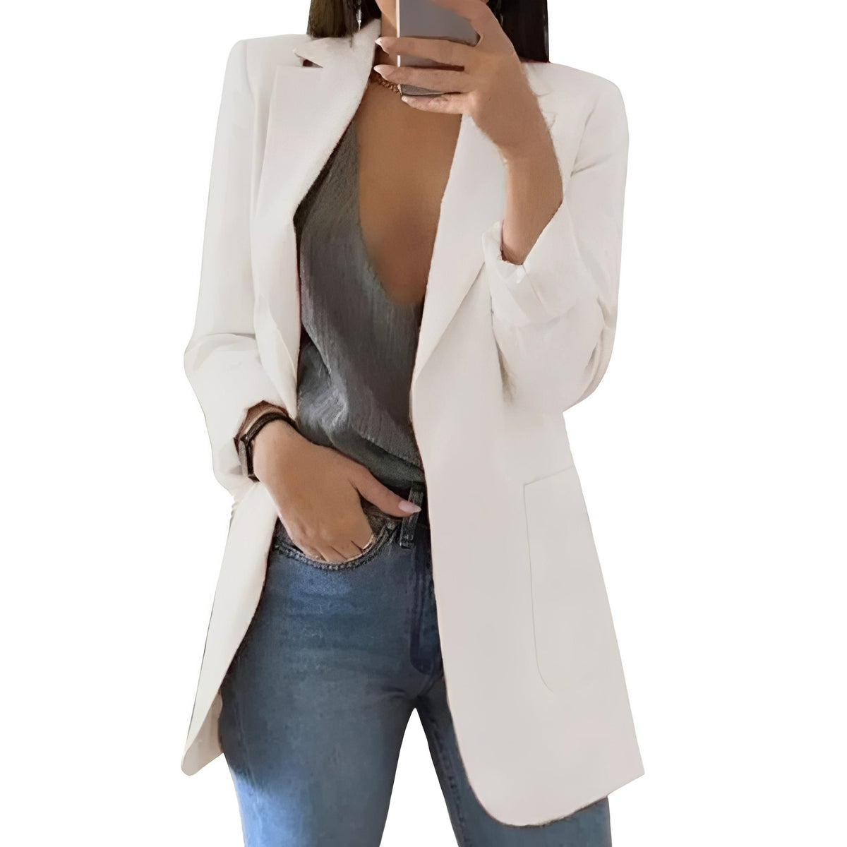 Structured Wool Blazer with Extended Length and Open Front