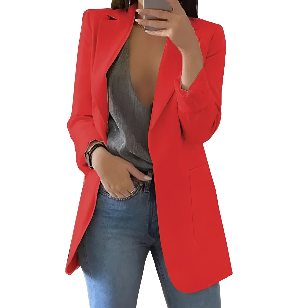 Structured Wool Blazer with Extended Length and Open Front