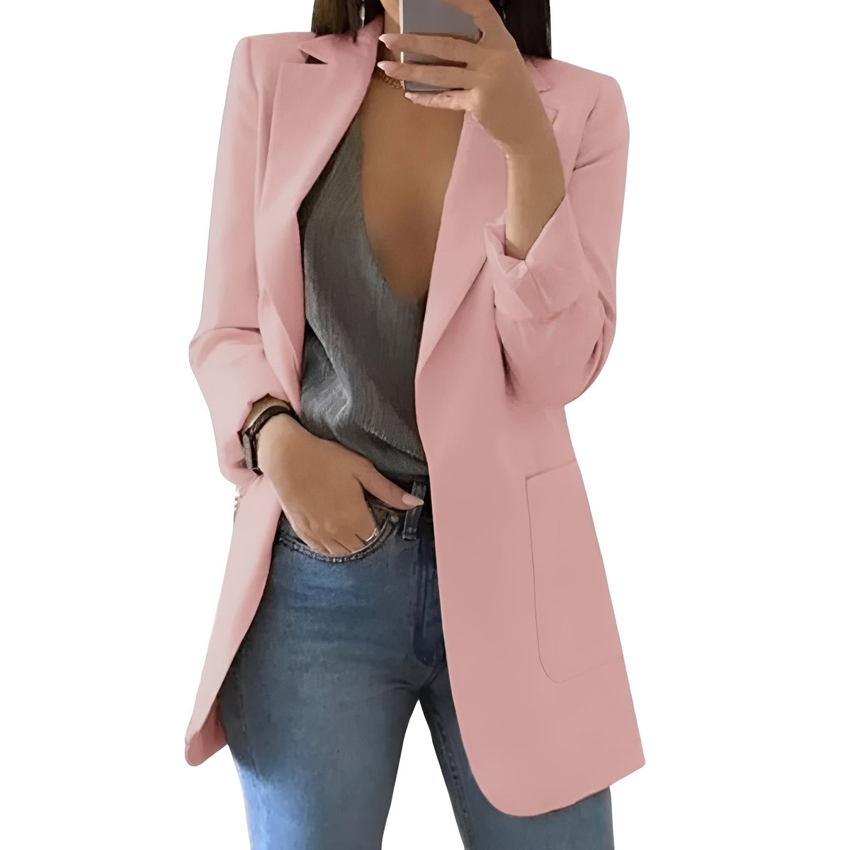 Structured Wool Blazer with Extended Length and Open Front