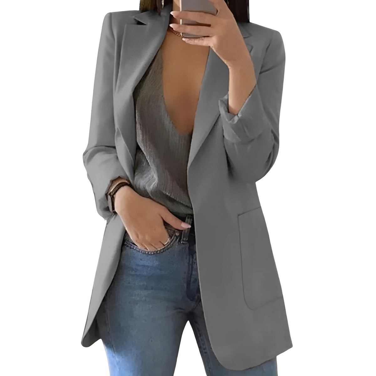 Structured Wool Blazer with Extended Length and Open Front