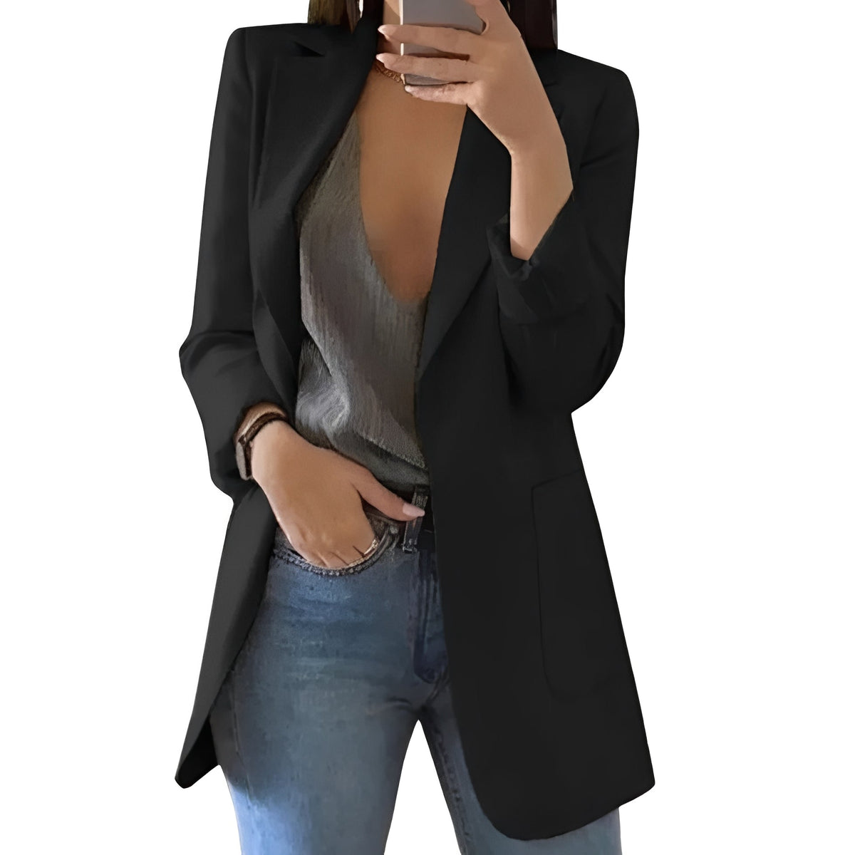 Structured Wool Blazer with Extended Length and Open Front