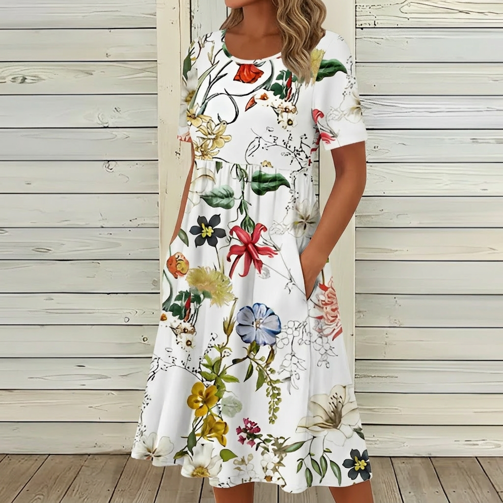 White Midi Dress with Short Sleeves and Relaxed Fit for Summer