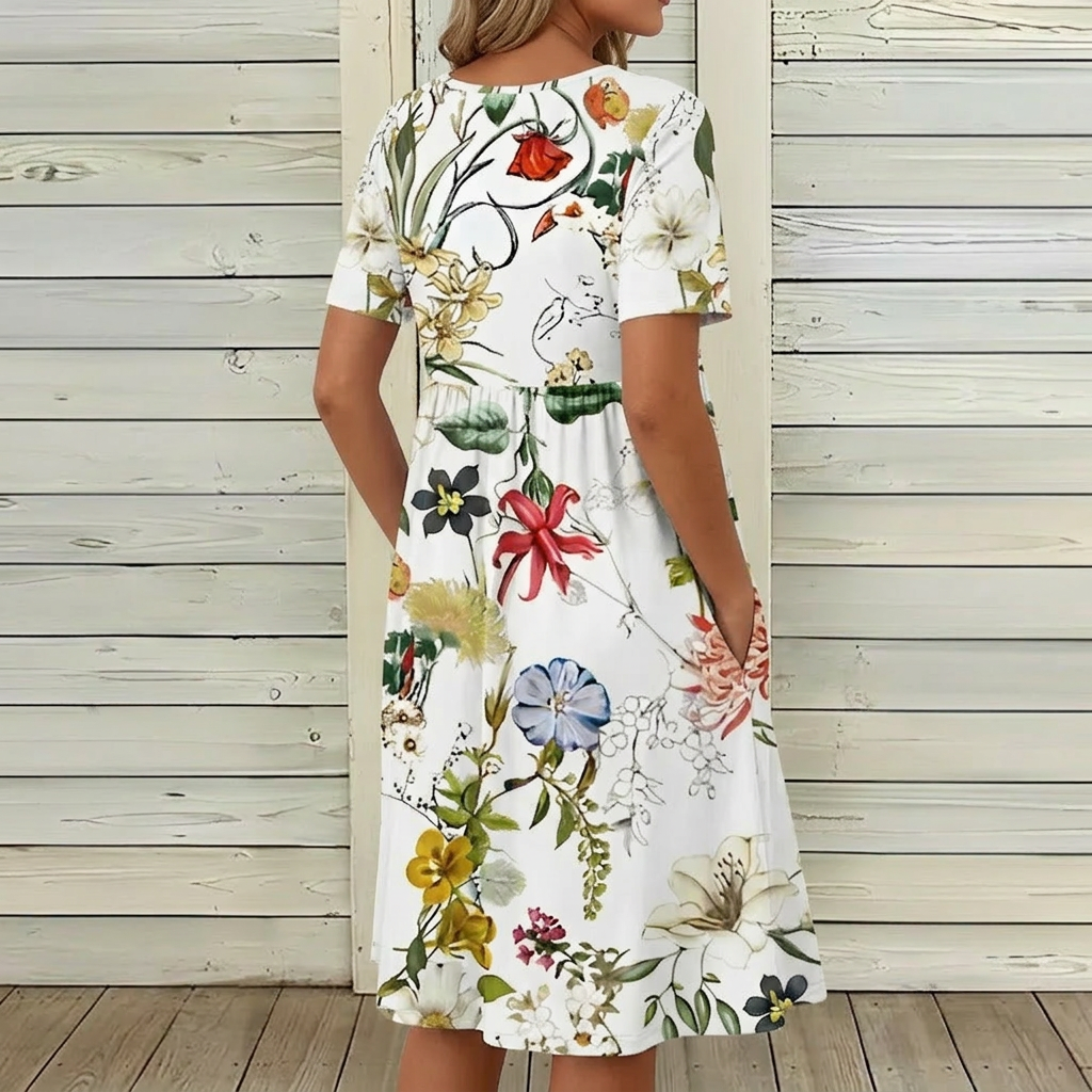 White Midi Dress with Short Sleeves and Relaxed Fit for Summer