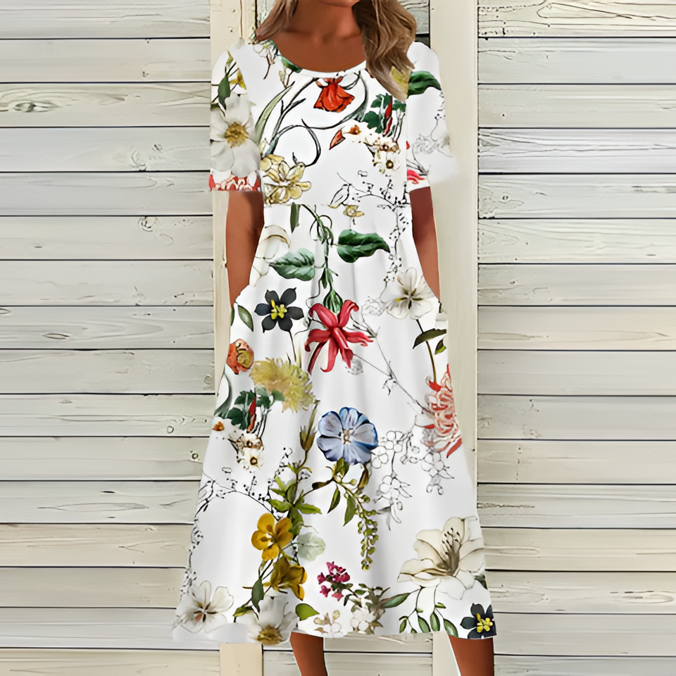 White Midi Dress with Short Sleeves and Relaxed Fit for Summer