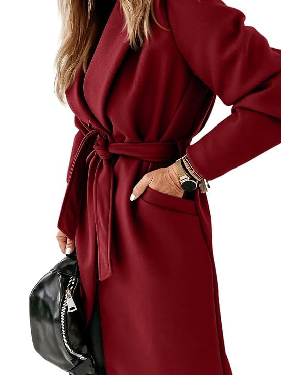 Womens Classic Long Coat, Lapel Collar Open Front Belted Jacket for Fall Winter