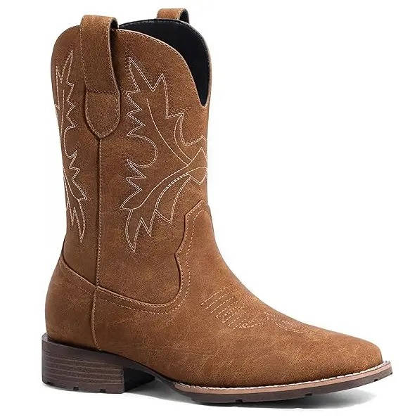 Mens Cowboy Boots, Western Boots with Embroidered Design, Slip Resistant Square Toe Chunky Heel Ankle  Boots