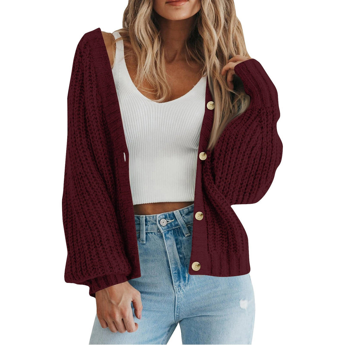 Womens Chunky Knit Open Front Sweater, Long Sleeve Button Loose Short Cardigan Outerwear Coat
