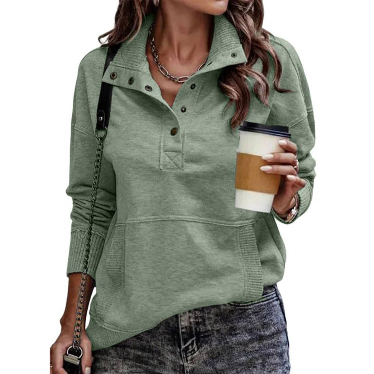 Womens Long Sleeve Stand Neck Button Pullover - Lightweight Sweatshirt