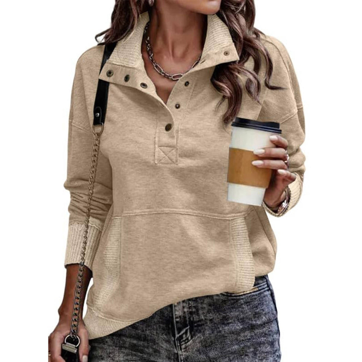 Womens Long Sleeve Stand Neck Button Pullover - Lightweight Sweatshirt