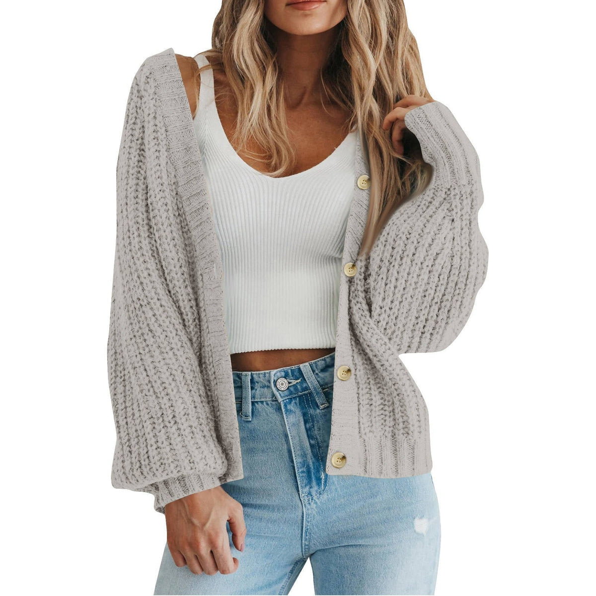 Womens Chunky Knit Open Front Sweater, Long Sleeve Button Loose Short Cardigan Outerwear Coat