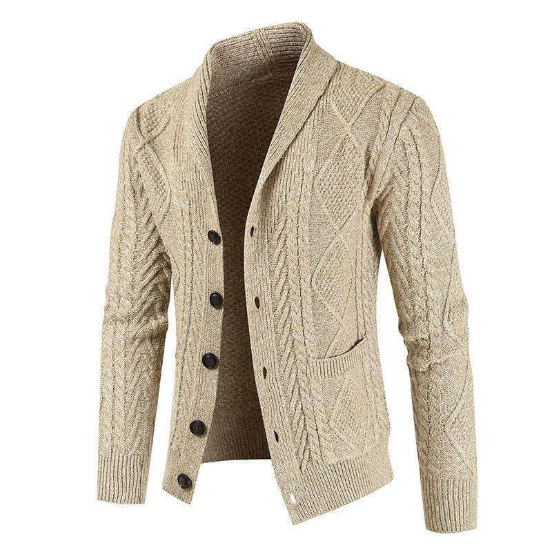 Mens Wool Blend Shawl Collar Cable Knit Cardigan Sweater, Button Front Long Sleeve with Pockets