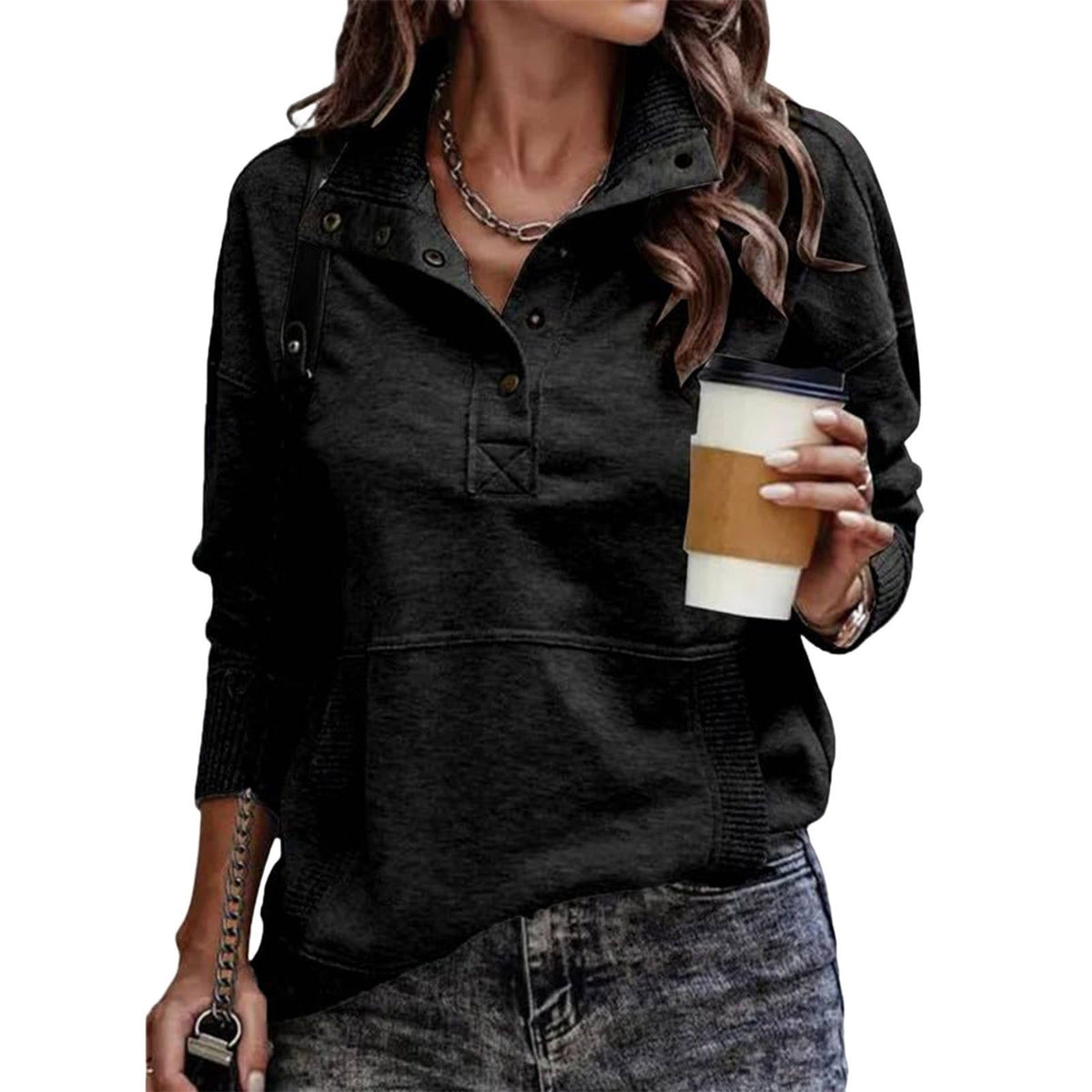 Womens Long Sleeve Stand Neck Button Pullover - Lightweight Sweatshirt