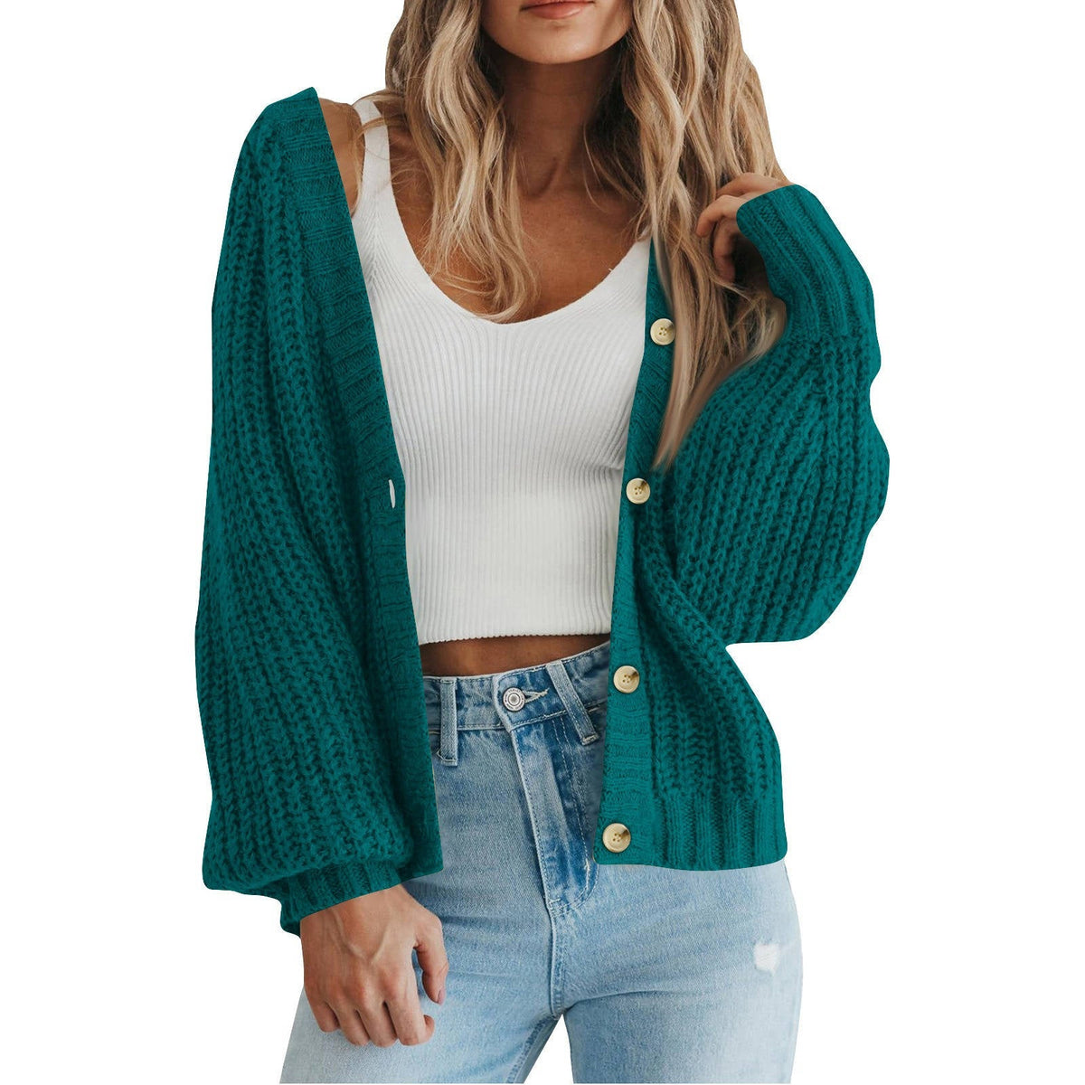 Womens Chunky Knit Open Front Sweater, Long Sleeve Button Loose Short Cardigan Outerwear Coat