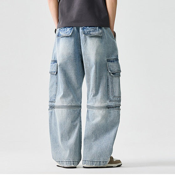 Mens Heavyweight Jeans Cargo Baggy Pants, Durable Loose Fit Cargo Denim for Casual Streetwear