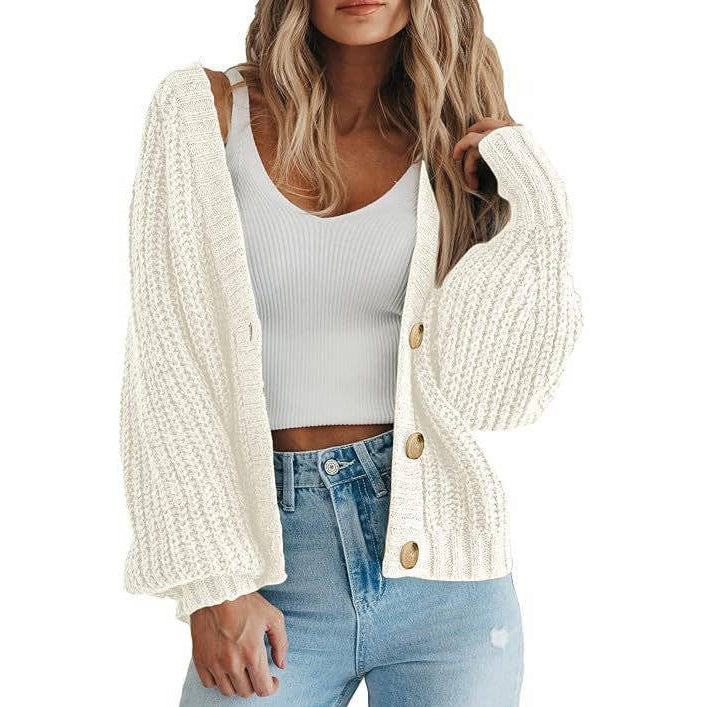 Womens Chunky Knit Open Front Sweater, Long Sleeve Button Loose Short Cardigan Outerwear Coat