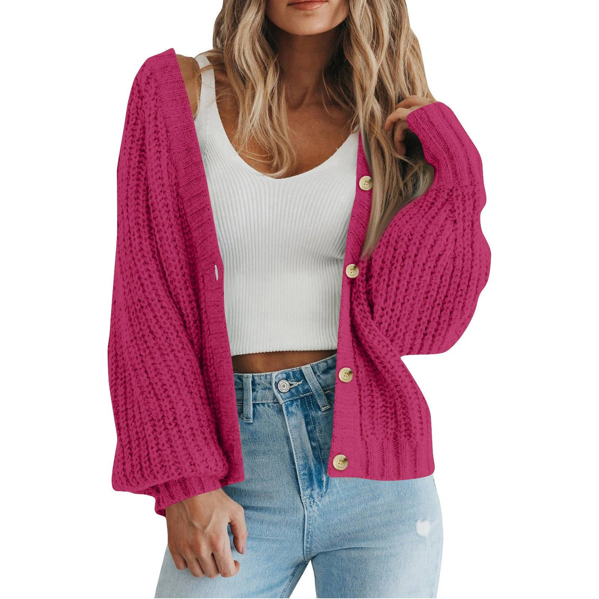 Womens Chunky Knit Open Front Sweater, Long Sleeve Button Loose Short Cardigan Outerwear Coat