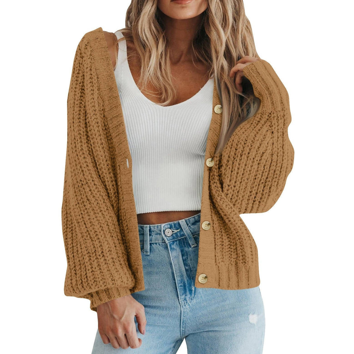 Womens Chunky Knit Open Front Sweater, Long Sleeve Button Loose Short Cardigan Outerwear Coat