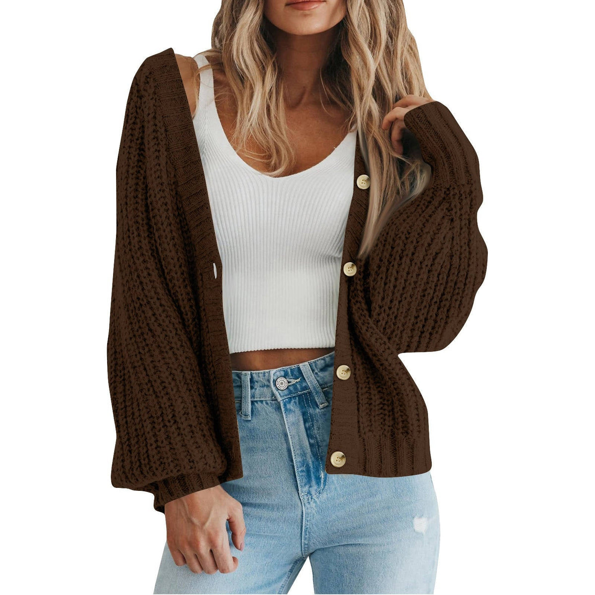 Womens Chunky Knit Open Front Sweater, Long Sleeve Button Loose Short Cardigan Outerwear Coat