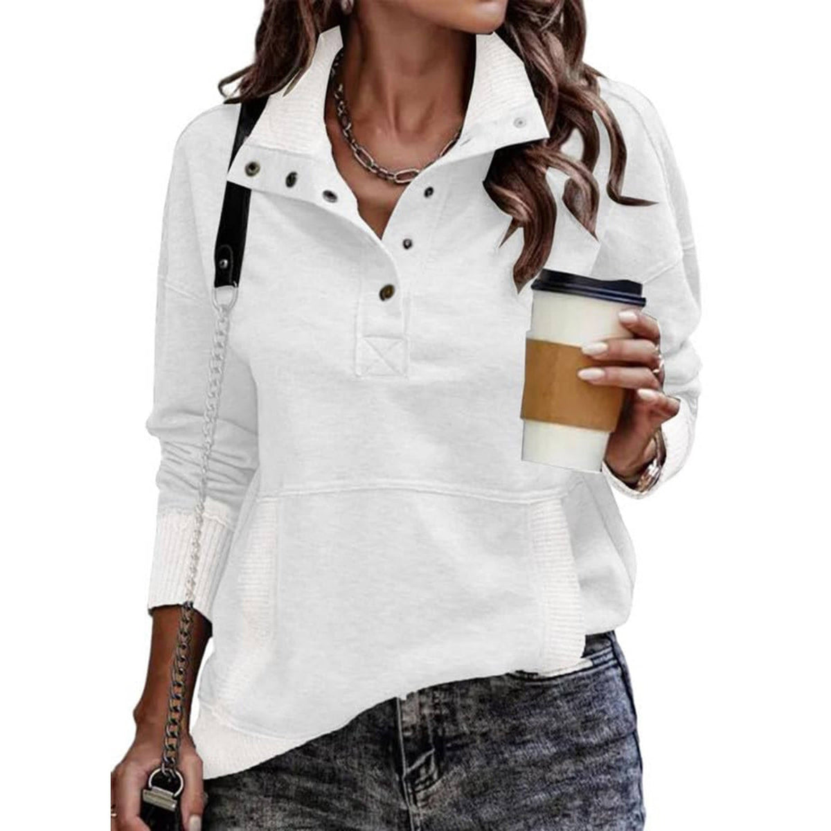 Womens Long Sleeve Stand Neck Button Pullover - Lightweight Sweatshirt