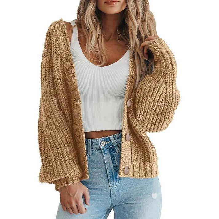 Womens Chunky Knit Open Front Sweater, Long Sleeve Button Loose Short Cardigan Outerwear Coat