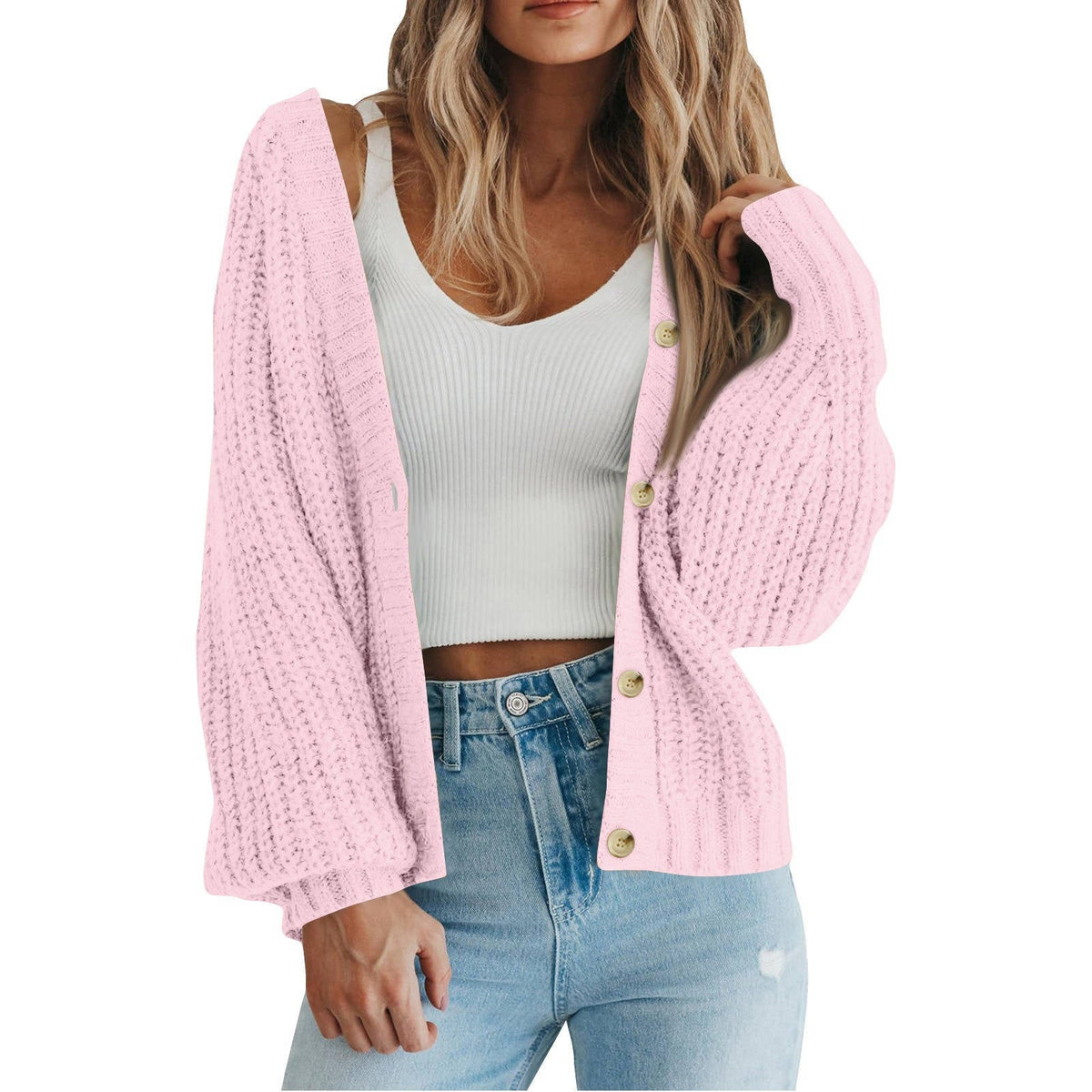 Womens Chunky Knit Open Front Sweater, Long Sleeve Button Loose Short Cardigan Outerwear Coat