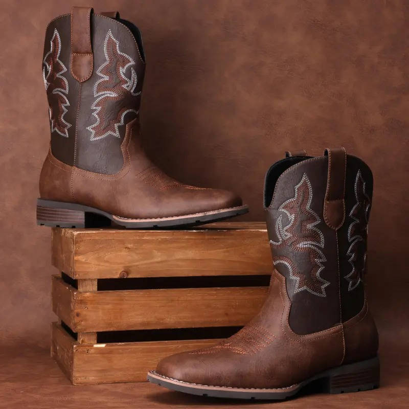 Mens Cowboy Boots, Western Boots with Embroidered Design, Slip Resistant Square Toe Chunky Heel Ankle  Boots