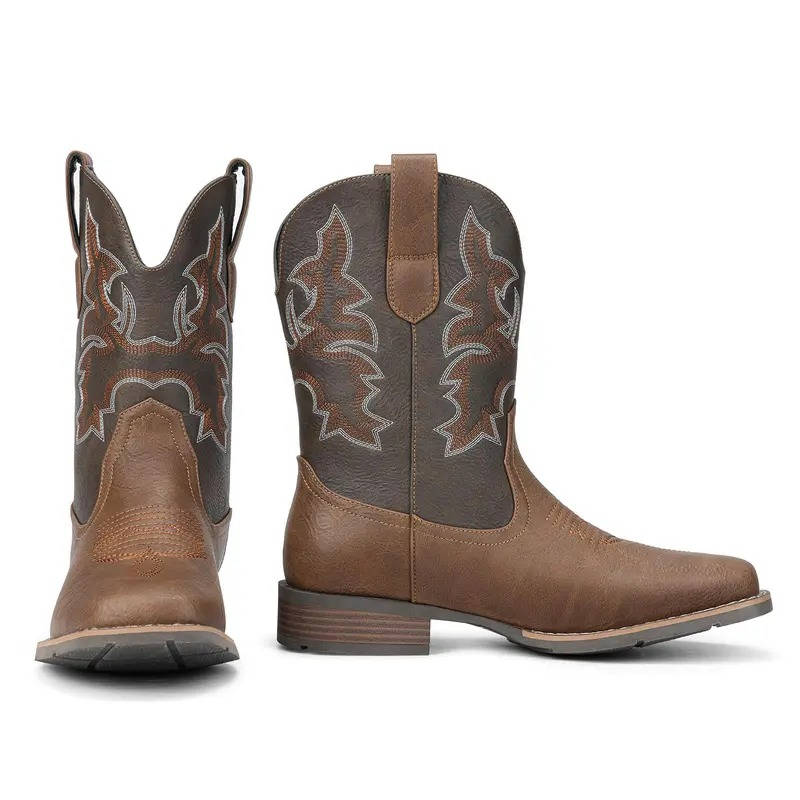 Mens Cowboy Boots, Western Boots with Embroidered Design, Slip Resistant Square Toe Chunky Heel Ankle  Boots