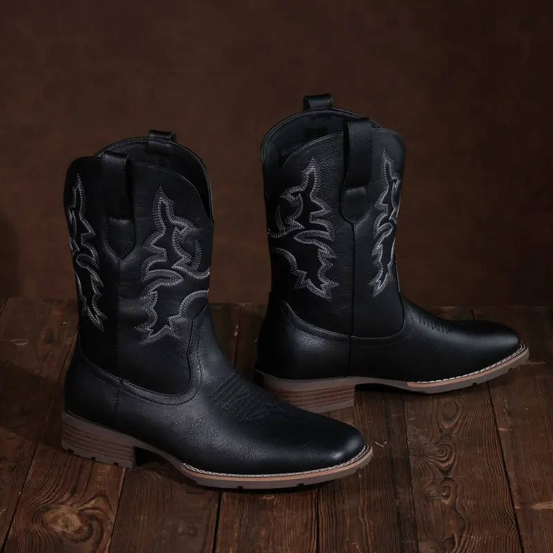 Mens Cowboy Boots, Western Boots with Embroidered Design, Slip Resistant Square Toe Chunky Heel Ankle  Boots