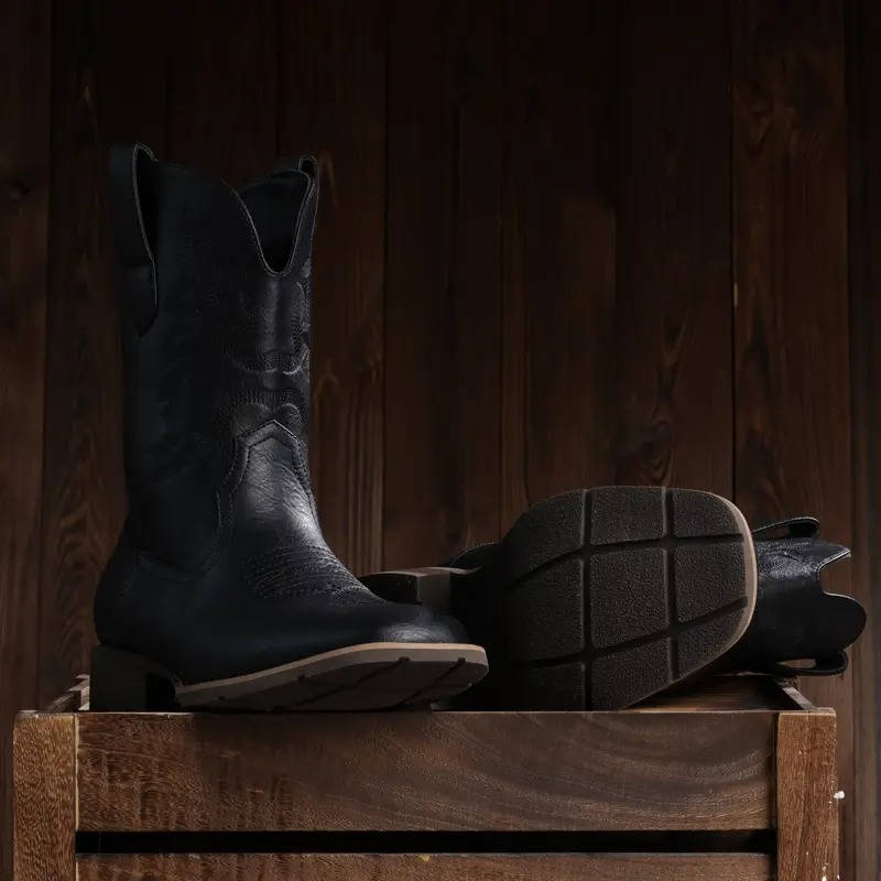 Mens Cowboy Boots, Western Boots with Embroidered Design, Slip Resistant Square Toe Chunky Heel Ankle  Boots
