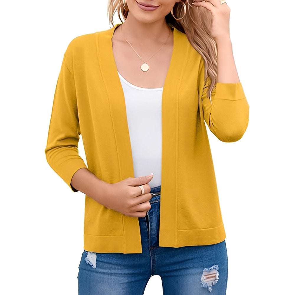 Womens Cropped Cardigan with 3 Quarter Sleeves and Open Front, Viscose Nylon Blend