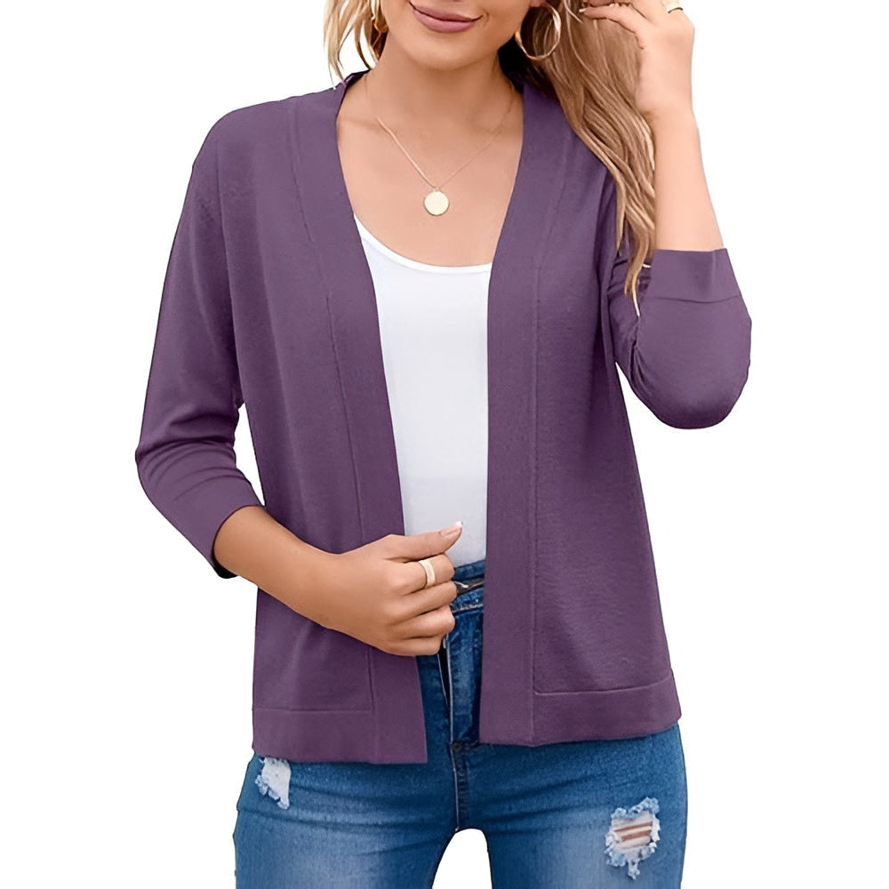 Womens Cropped Cardigan with 3 Quarter Sleeves and Open Front, Viscose Nylon Blend