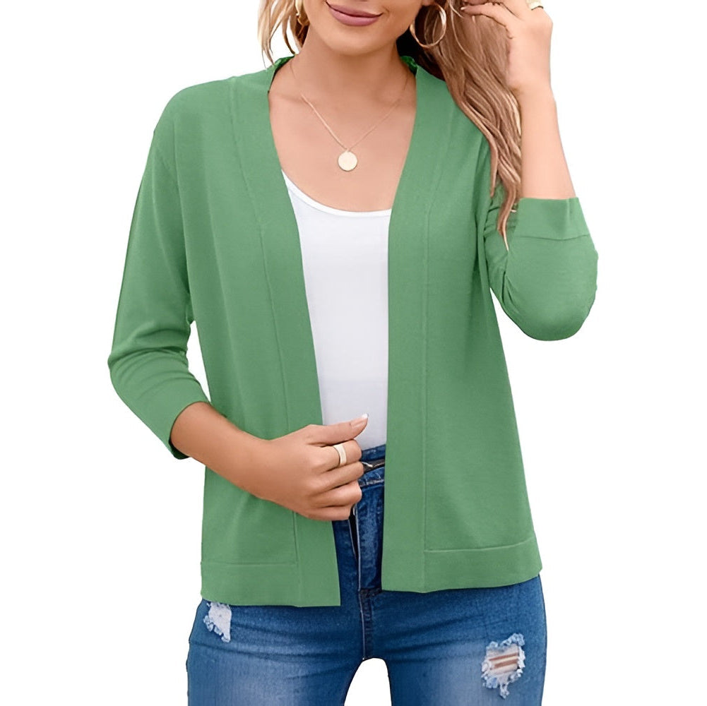 Womens Cropped Cardigan with 3 Quarter Sleeves and Open Front, Viscose Nylon Blend